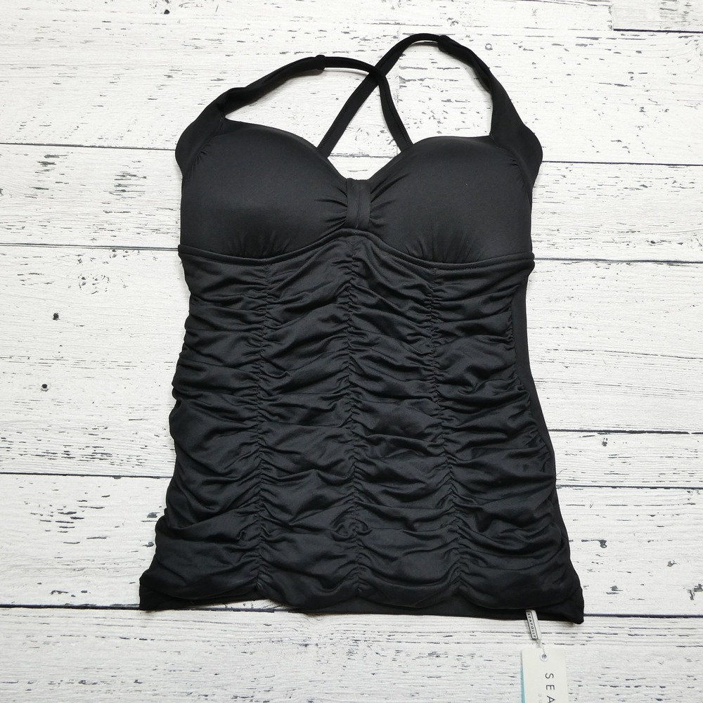 Seafolly Swimsuit Womens 6 Black Goddess DD Cup Halter Singlet Top Australia